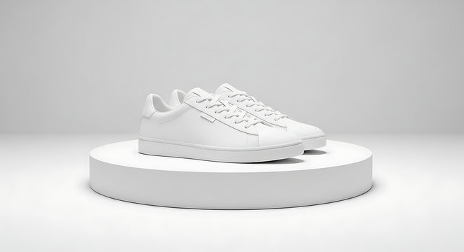 A pair of clean, white leather sneakers displayed on a minimalist white podium against a soft grey background.
