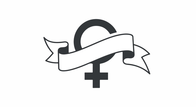 Black and white illustration of a female symbol with a ribbon banner on a plain white background.