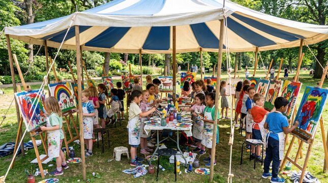 Group of people painting outdoors together.