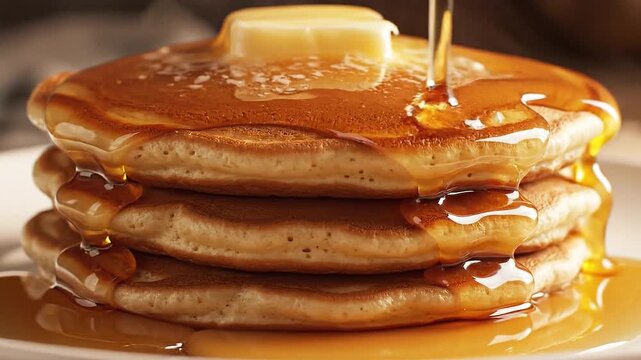 Delicious stack of fluffy pancakes with butter and maple syrup drizzling on top, perfect for breakfast or brunch recipes
