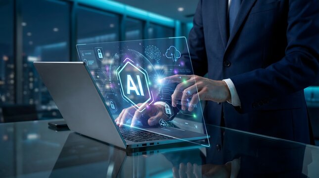 Corporate executive interacting with AI artificial intelligence hologram on laptop