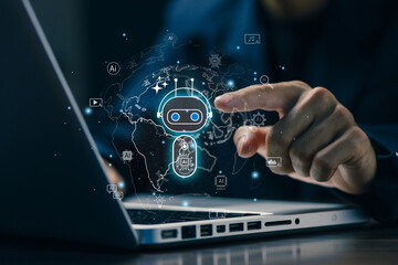 Fototapeta premium Artificial intelligence technology concept with chatbot interface and global network, automation system, machine learning innovation, digital transformation, smart communication.