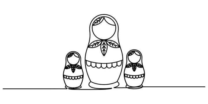 A simple black and white line drawing of three traditional russian nesting dolls standing together Vector, illustration