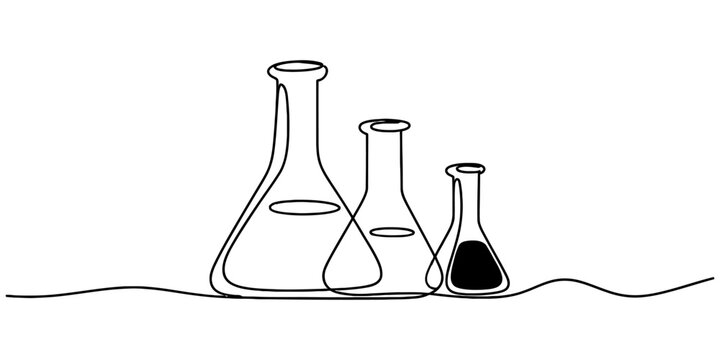 A continuous line drawing of three scientific laboratory beakers arranged in a simple row set Vector, illustration