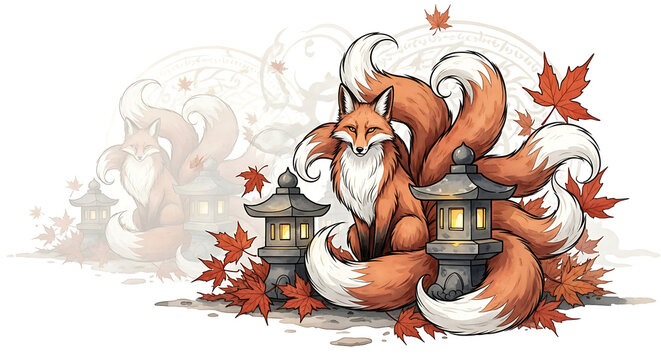 Enchanting NineTailed Fox Spirit in Autumnal Setting.