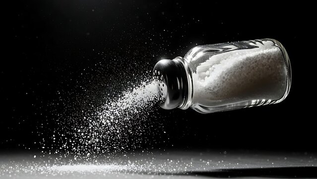 "A clear glass salt shaker floating in the air, pouring a stream of white salt grains, dramatic spotlight on a dark background, realistic 3D render."