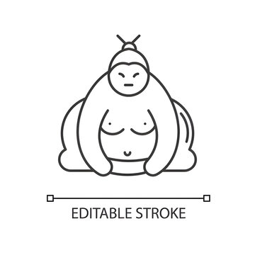 Sumo pixel perfect linear icon. Traditional asian wrestler. Large athlete in power stance. Thin line customizable illustration. Contour symbol. Vector isolated outline drawing. Editable stroke