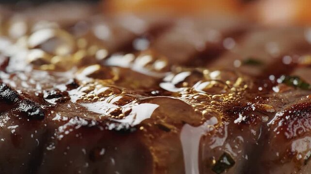 Close-up of Juicy Grilled Steak with Delicious Sizzle and Droplets of Oil on Surface in Restaurant Setting