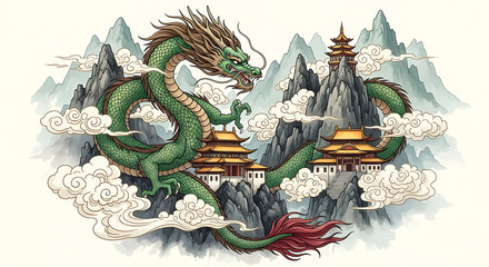 Fototapeta premium Majestic Green Dragon Ascends Over Traditional Asian Temples and Misty Mountains.
