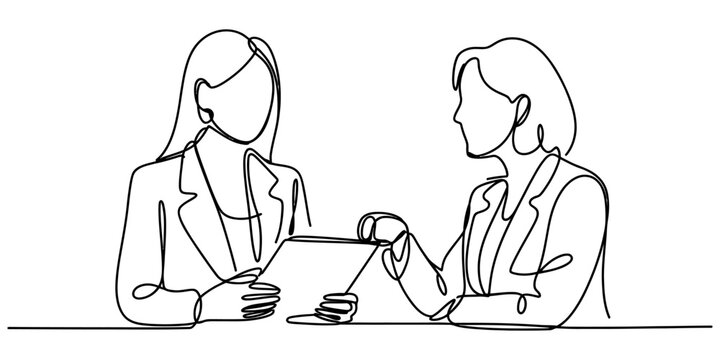 Continuous line drawing of two professional women collaborating on a business document together Vector, illustration