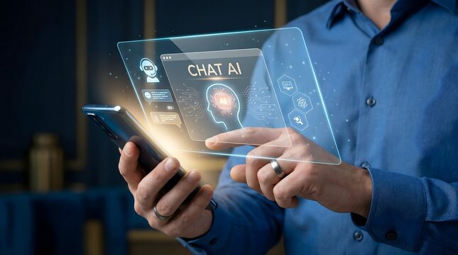 Man using smartphone to access chat AI virtual assistant hologram