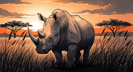 Fototapeta premium Majestic Rhinoceros Standing Proudly in the African Savannah at Sunset.