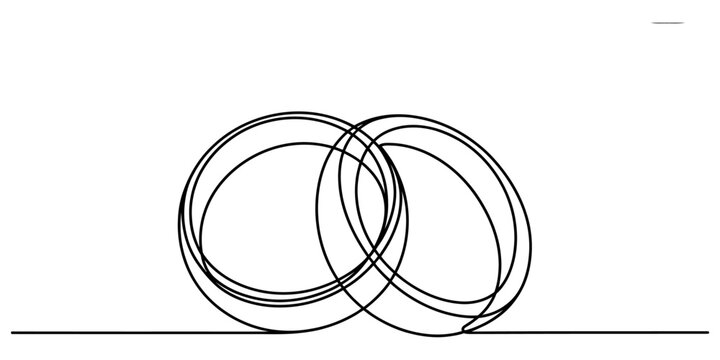 A minimalist black and white line art illustration depicting two interlocking circular ring shapes. Vector, illustration