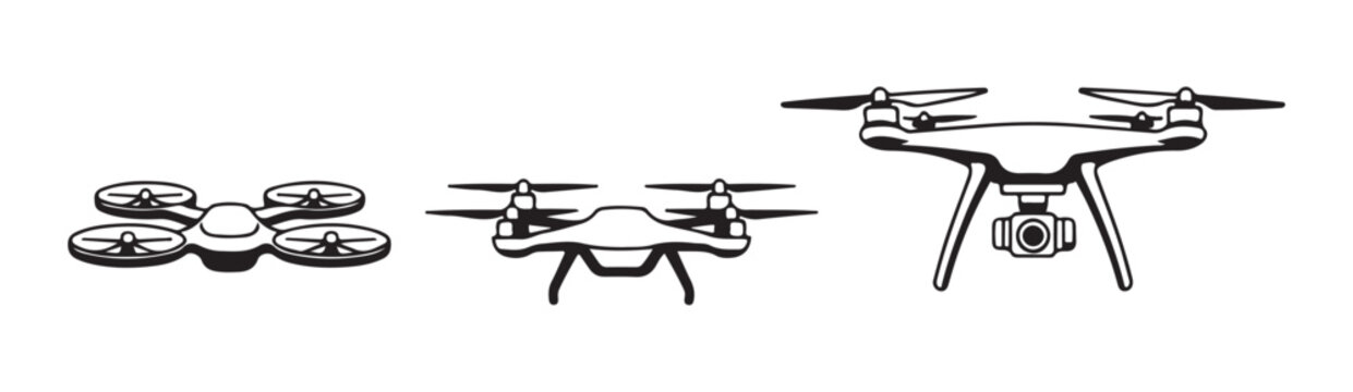 Set of three drone silhouettes different types and sizes isolated on white background aerial view.