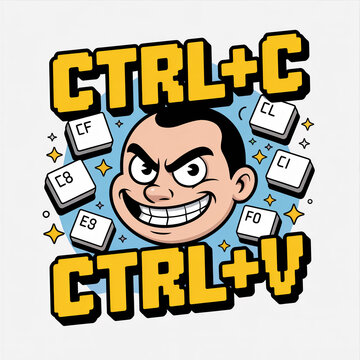 Funny meme sticker of smug cartoon character with floating keyboard icons and Ctrl+C Ctrl+V text