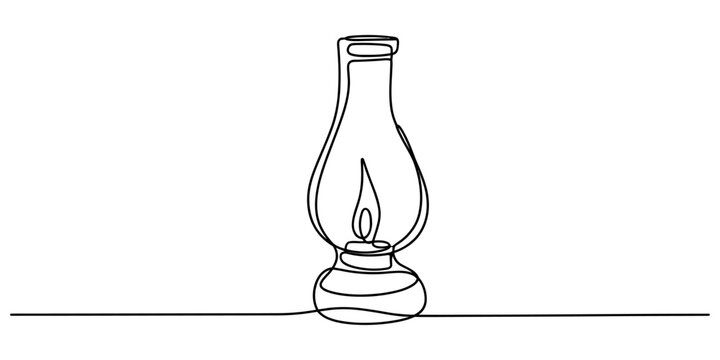 A minimalist single line drawing of a traditional oil lamp burning with a bright steady flame Vector, illustration