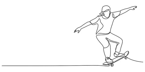 A single continuous line drawing of a person riding a skateboard with arms outstretched for balance Vector, illustration © Single Line Art