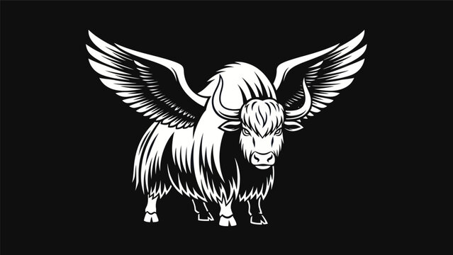 Winged yak illustration on black background