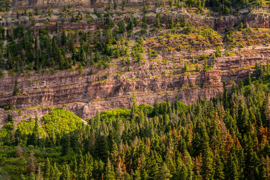 USA, Colorado, Ouray.  Rocky cliffs above small mining town, beside State Route 550.
