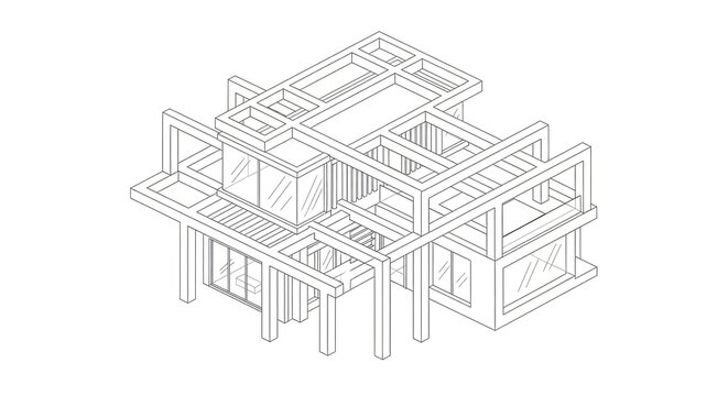 Isometric architectural rendering of a modern home design with geometric lines