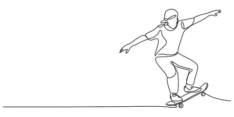 A single continuous line drawing of a young person riding a skateboard with an athletic posture Vector, illustration © RK Design 2026