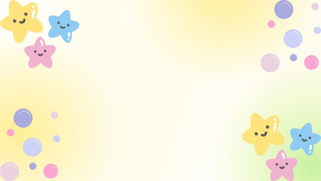 Whimsical pastel background featuring cute smiling stars and colorful floating bubbles, perfect for children's themes and joyful graphic design projects
