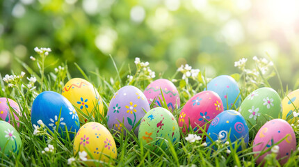 Fototapeta premium Colorful Easter Eggs in Grass with White Flowers for Spring Holiday Web Banner Background