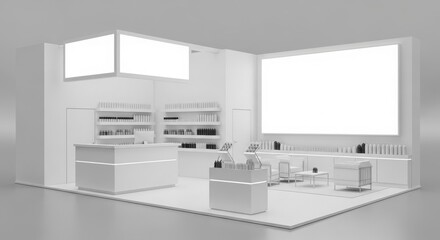 Fototapeta premium A modern, all-white, empty exhibition booth or retail display stand with blank screens and counters, ready for branding.