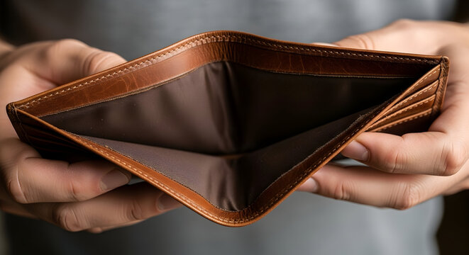 Empty Brown Leather Wallet Held in Hands Symbolizing Financial Struggles and Economic Hardship in Modern Consumer Society