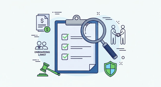 Compliance Checklist with Magnifying Glass and Business Icons.