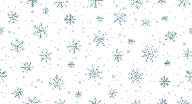 Soft winter seamless pattern displaying delicate blue snowflakes of various shapes and tiny dots on a clean white background for holidays.