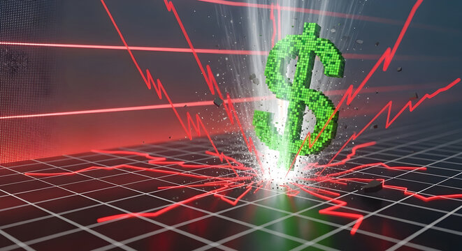 Dynamic Financial Growth Illustration Featuring Abstract Dollar Sign Surrounded by Red Market Trends and Data Visualization Elements
