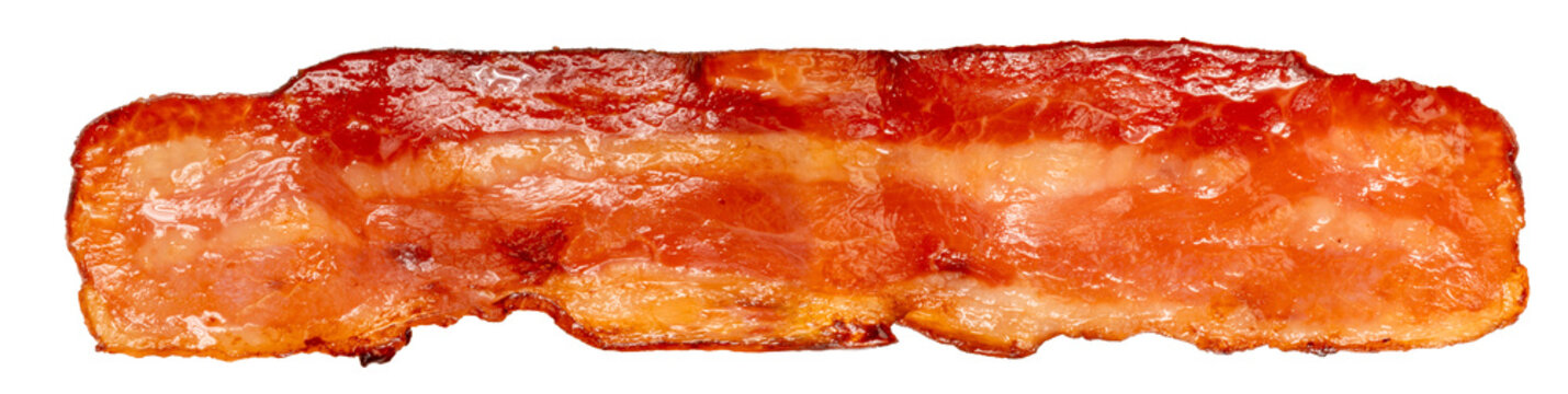 Close up shot Crispy fried bacon texture, Freshly cooked and golden brown fried bacon on black dish. PNG File