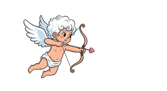 Cute little cupid with wings and curly white hair flying while aiming a heart-tipped bow and arrow on a plain white background.