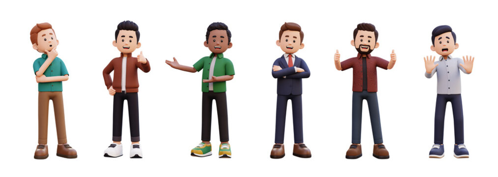 Diverse 3D cartoon male characters expressing various emotions and gestures. business and casual a