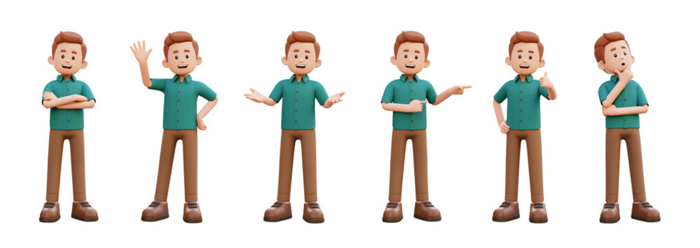 Set of 3D render cartoon man character poses thinking. waving. presenting. pointing. thumbs up. a