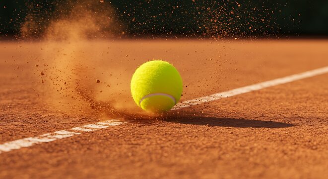 Tennis ball on clay court with impact dust close up