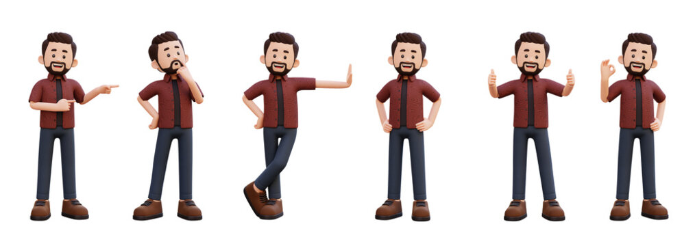 3D render of a cartoon man in six different poses showing approval. thinking. and pointing A play
