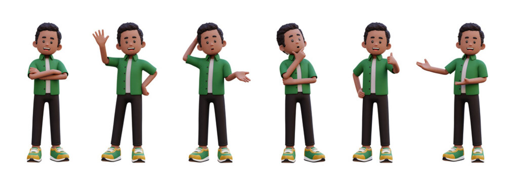 Cartoon man in green shirt and black pants. posing with diverse gestures. 3D render on wh