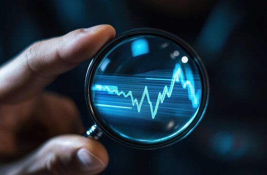 Businessman holding a magnifying glass with a graph line and normal curves, a data visualization concept for financial analysis.
