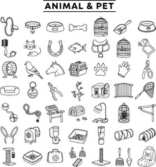 Naklejka premium Animal and Pet Supplies Line Art Icons Set - Hand-Drawn Collection of Domestic Animals, Care Equipment, Food, Toys, and Grooming Accessories