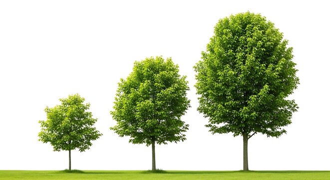 Three green trees of varying sizes stand on grass, against a white background, symbolizing growth