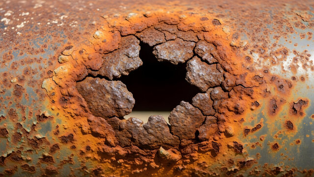 Close-up of a heavily rusted metal pipe with a large hole, showing extensive corrosion and decay