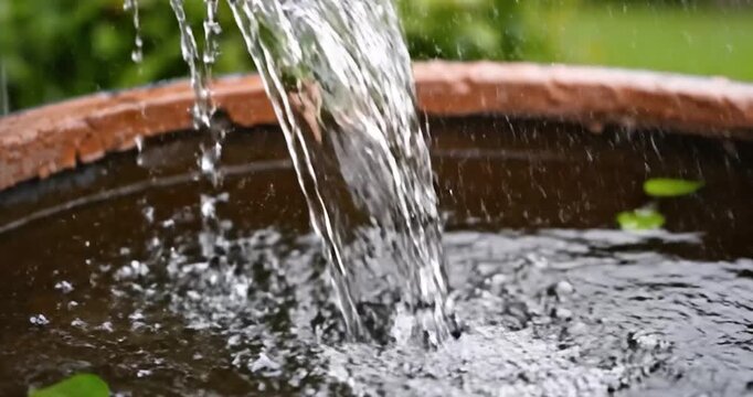Rainwater Collected In A Garden Barrel From A Downspout