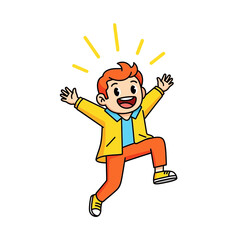 Fototapeta premium Excited cartoon boy jumping with joy, celebrating success, bright yellow jacket, orange pants, white background