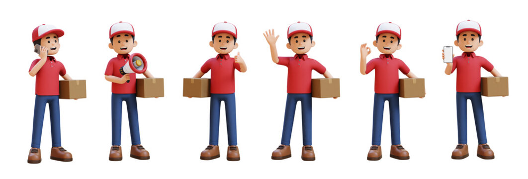Friendly delivery person collection in red uniform with boxes and gestures. 3D render