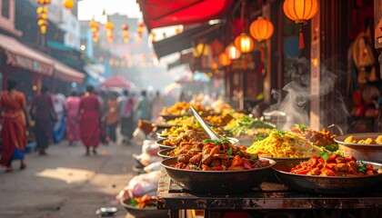 Obraz premium Vibrant street food scene in Asia with bustling market.