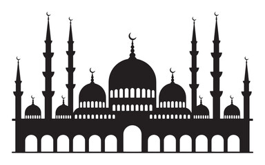 Fototapeta premium Detailed silhouette of an Islamic mosque featuring numerous domes and tall minarets.