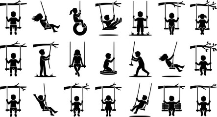 Obraz premium Tree Swing Silhouettes. Tree swing kid line art. Filled icon set of Tree swing kid line art: child sitting on 