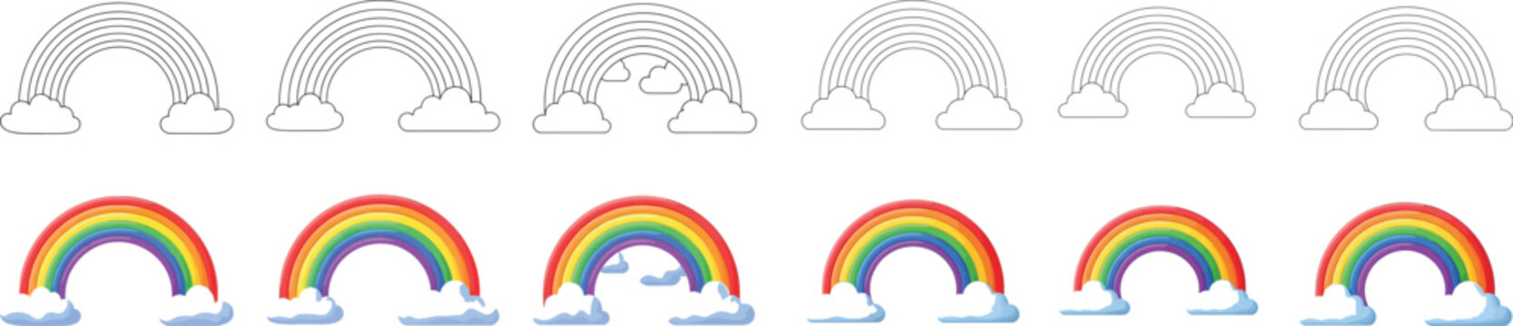 A collection of various rainbow illustrations displayed in both outline and colorful versions